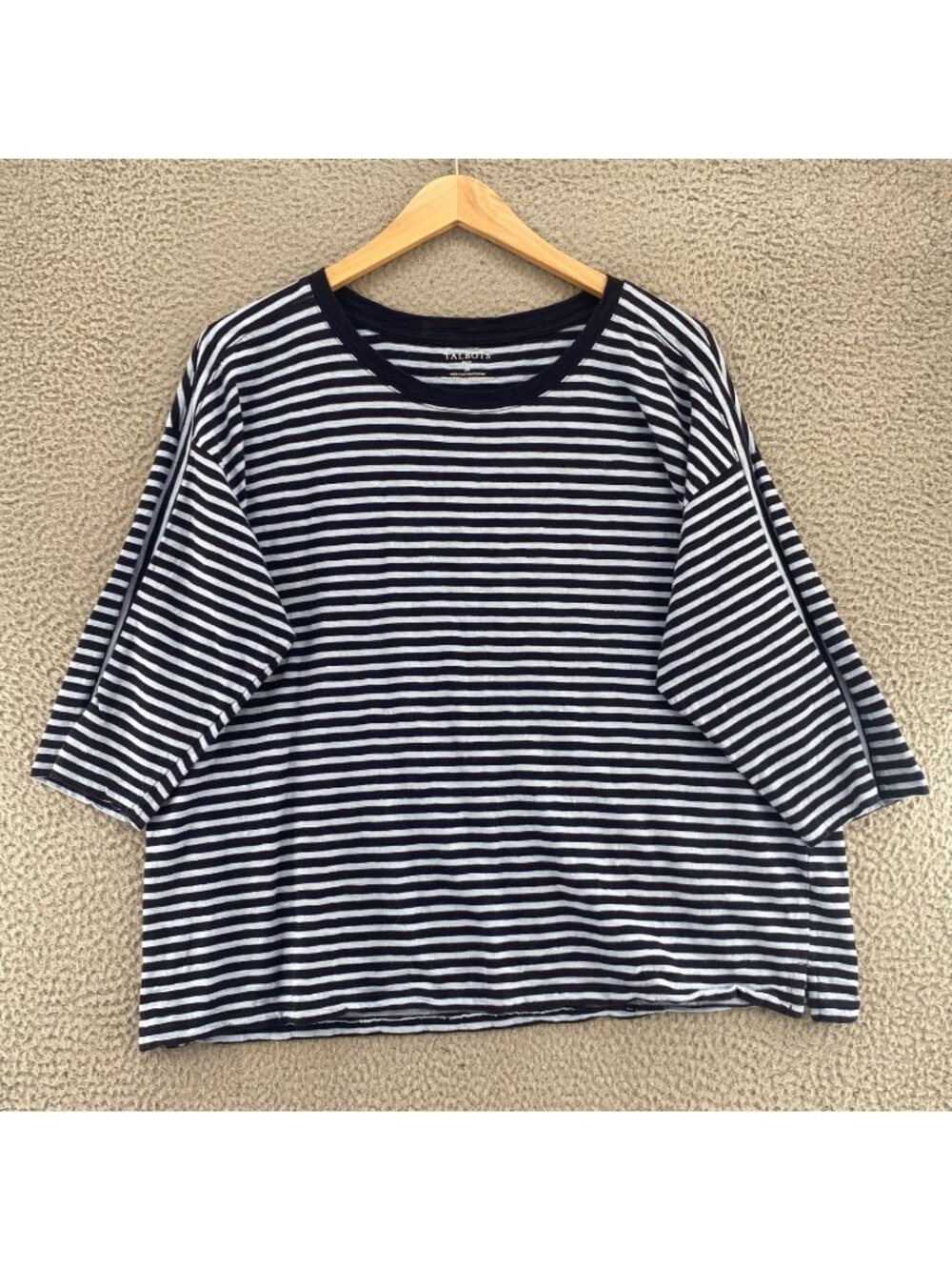 Talbots Top Womens 2X Navy Striped Cotton Slub Knit Tee 3/4 Sleeves Crew Neck